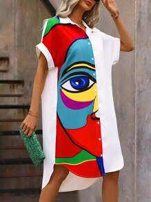 SHEIN LUNE Women Fashionable Abstract Portrait Printed Shirt Dress - White - View 3