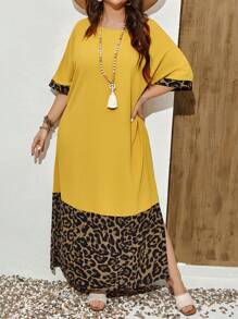 EMERY ROSE Plus Size Kỳ nghỉ thường ngày Da báo Splice Áo dài tay cánh dơi có xẻ bên hông - Màu vàng - Xem 1