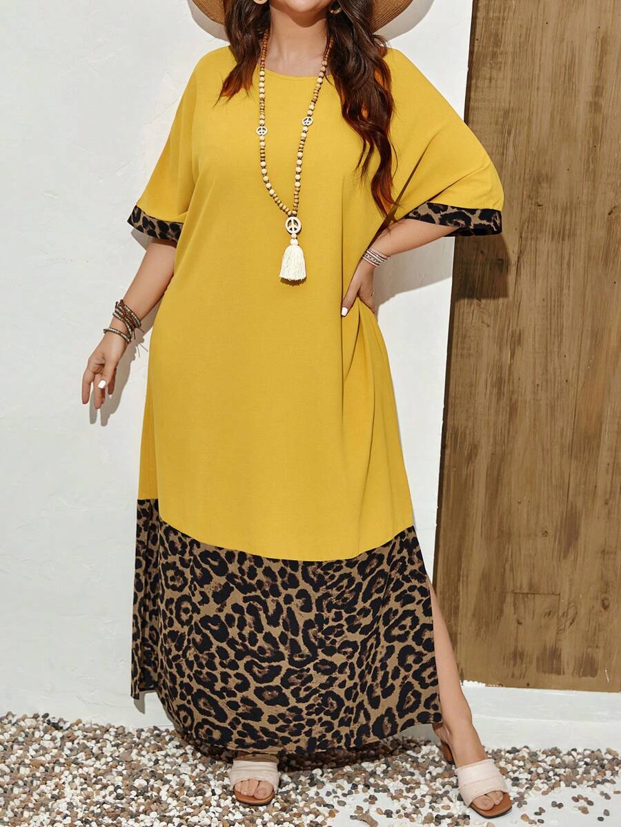 EMERY ROSE Plus Size Kỳ nghỉ thường ngày Da báo Splice Áo dài tay cánh dơi có xẻ bên hông - Màu vàng - Xem 1