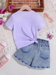 SHEIN Conjunto de playera casual de manga corta con estampado de mariposa y shorts de efecto de mezclilla para niñas jóvenes para primavera/verano