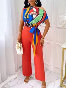 Blusa Y Pantalones Con Diseño De Correa En La Cintura Y Hombros Caídos Con Estampado Integral (impresión Aleatoria) - Naranja - Ver 6