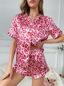 女性心形印花對比色領口短袖上衣和短褲休閑睡衣套裝 - 粉色 - 查看 1