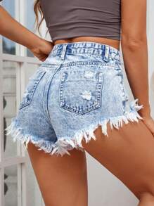 SHEIN PETITE Women Distressed Frayed Edge Summer Spring Casual Denim Shorts