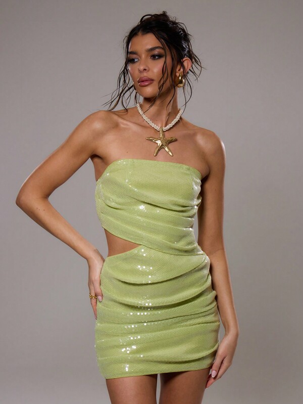 MUSERA Sequin Bandeau Draped Mini Dress Summer Y2k Ibiza Vacation Festival Club Sexy Rave Concert Holiday Night Out
