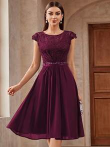MIUSOL Floral Lace Cap Sleeve Sequin Insert Waist Prom Party Swing Dress - Burgundy - View 4