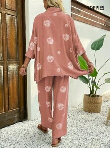 Floral Print Oversized Shirt & Pants Sets Women Pink 2 Pieces Vacation Set
