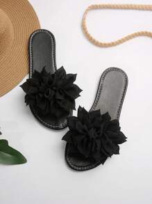 Französische elegante und sanfte flache Sandalen für Frauen, offene Zehenriemchen-Slides mit Blumenmuster, geeignet für Dates, den Alltag, Lässig, Zuhause, Strand und Freizeitaktivitäten im Sommer - Schwarz - Übersicht 3