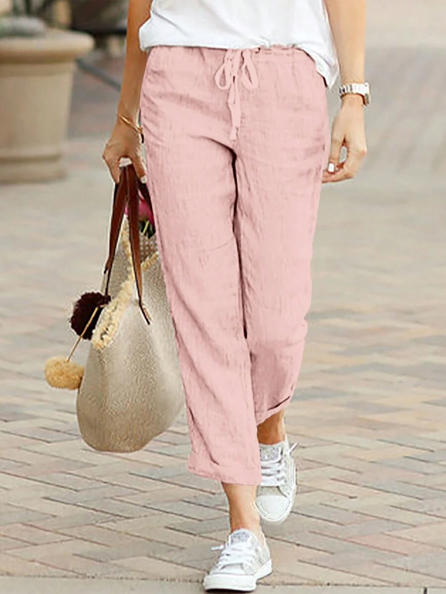 Vacation Casual Solid Color Tapered Pants - Pink - View 1
