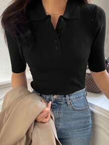 DAZY Parte superior de punto de cuello de polo con mangas cortas y media abertura, de verano, para mujer