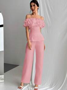 Firerie Conjunto de 2 piezas de blusa hombro descubierto con detalles de encaje multicapa y pantalón largo para mujeres, ideal para temporada de bodas - Rosa - Ver 5