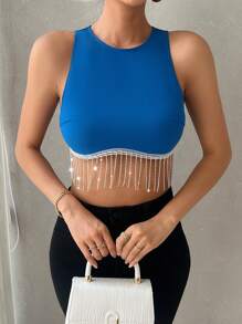 SHEIN Privé Women Solid Color Fringed Spring/Summer Tank Top - Blue - View 5