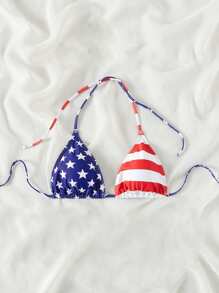 Swim Vcay Top de bikini pentru femei, cu imprimeu de 4 iulie, cu guler halter, pentru vacanță, vară plajă, imprimeu aleatoriu