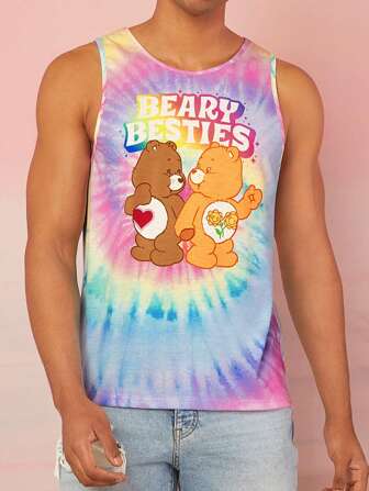 SHEIN X Care Bears Men's Summer Cartoon Fantasy Dopamine Seaside Vacation Care Bear Pattern Rainbow Tie-Dye Fitted Tank Top