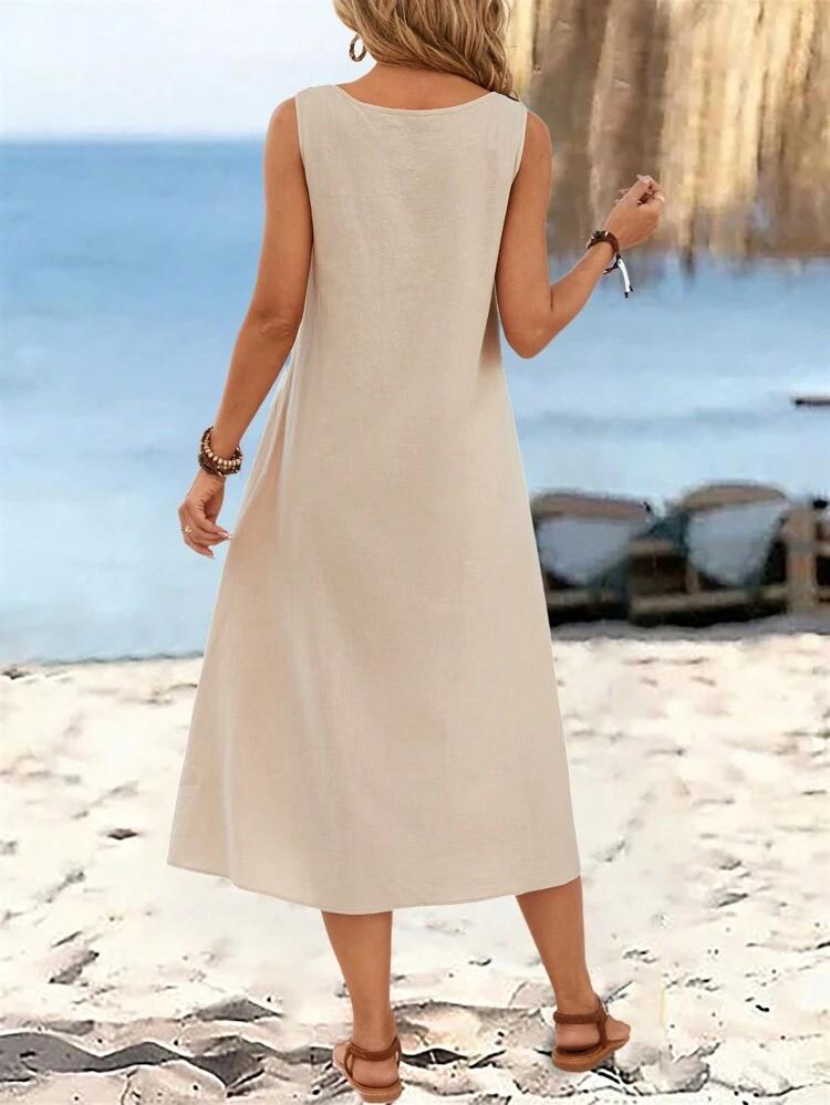 Women's Summer Solid Color Circular Ring Buckle V-Neck Sleeveless Long Dress,Vacation
