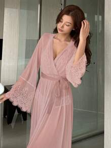 DAZY 女性性感時尚透明閃亮面料拼接蕾絲束腰睡衣 - 粉色 - 查看 4