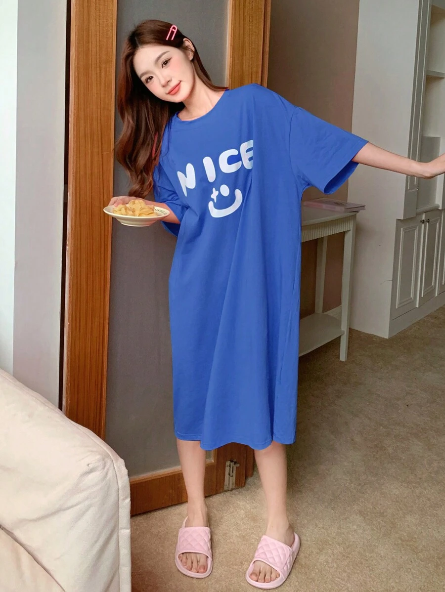 DAZY Loose Fit Round Neck Homewear Dress With Alphabet And Print For Spring/Summer Pajama - Blue - View 1