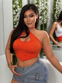 SHEIN SXY Vacation Textured Seamless Elastic Halter Neck Crop Tank Top