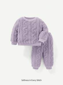 Cozy Pixies Baby Girl's Solid Color Fleece Drop Shoulder Sweatshirt And Pants Set, Mid-Thick - Purple - View 1