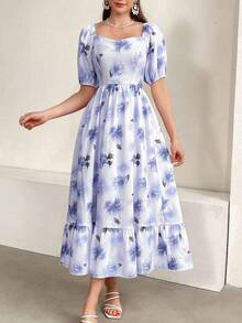 Women's Elegant Floral Puff Sleeve Waist-Cinched Dress For Summer - Blue - View 3