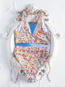 Swim Mod Bikini Set, Random Small Flower Print, Two Pieces Bikini Set For Beach In Summer,Summer Beach - Multicolor - View 6
