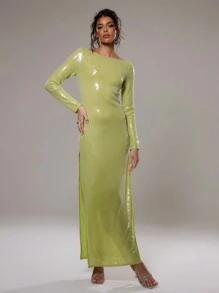 MUSERA Sheer Sequin Long Sleeve Split Side Dress Elegant Spring Summer Vacation Party Festival - Green - View 3