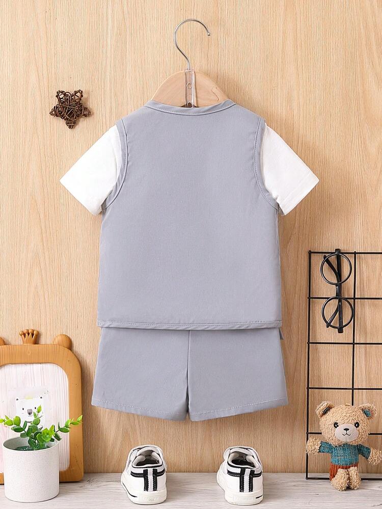 Baby Boy Spring Summer Casual Solid Color Workwear Vest + Shorts + Short-Sleeved T-Shirt Three-Piece Set