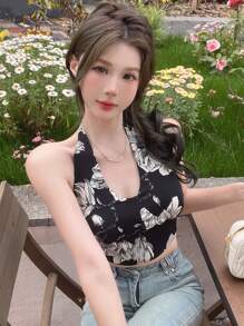 DAZY 女士夏季印花修身露脐吊带背心，波西米亚风上衣，适合节日和外出穿着 - 黑色 - 查看 6