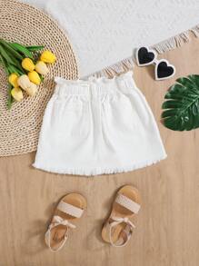 SHEIN 少女春夏款纽扣前开襟纸袋腰A字白色牛仔裙，带斜插口袋 - 白色 - 查看 2