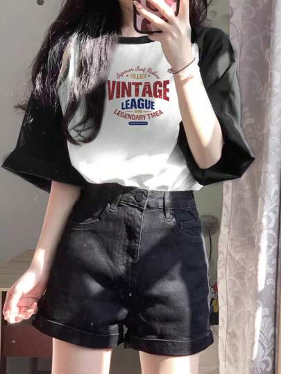 女性用夏用Tシャツ ラウンドネック 半袖 レタープリント カラーブロッキングデザイン