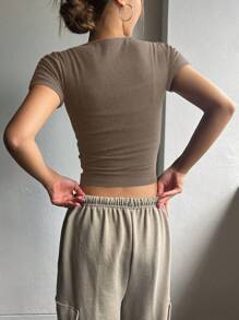 DAZY 方領純色肋紋短袖T恤