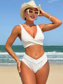 SHEIN Swim مجموعة بكيني لنساء مع ربطة رقبة متقاطعة وأربطة عريضة لموسم الصيف - أبيض - مشاهدة 5