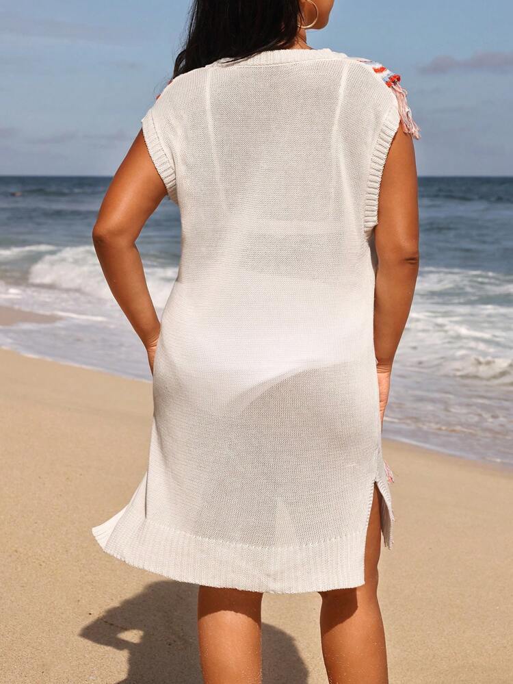 Summer Plus Size V-Neck Fringe Decorated Split Hem Overlay Dress
