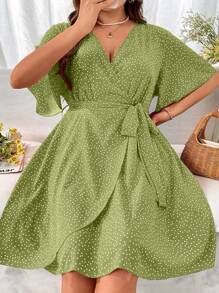 SHEIN Holidaya Váy Xuân/Hè có cổ chữ V thắt lưng có dây buộc cỡ lớn - màu xanh lá - Xem 1