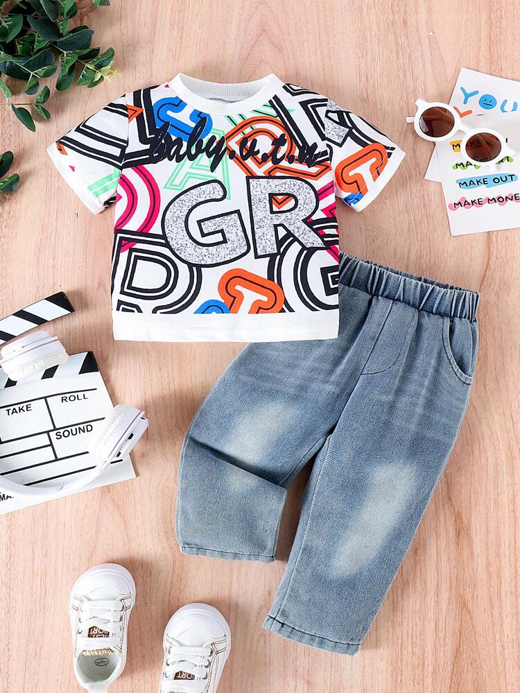 Baby Boy Summer Letter Print Short Sleeve Sports T-Shirt And Casual Denim-Effect Print Pants Outfits