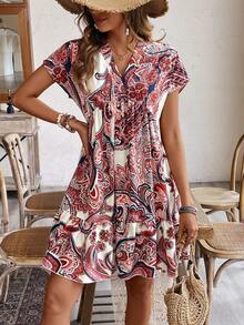 SHEIN Frenchy Váy nghỉ lễ in hình cây kiểu búp bê thời trang dành cho nữ - Đỏ - Xem 4