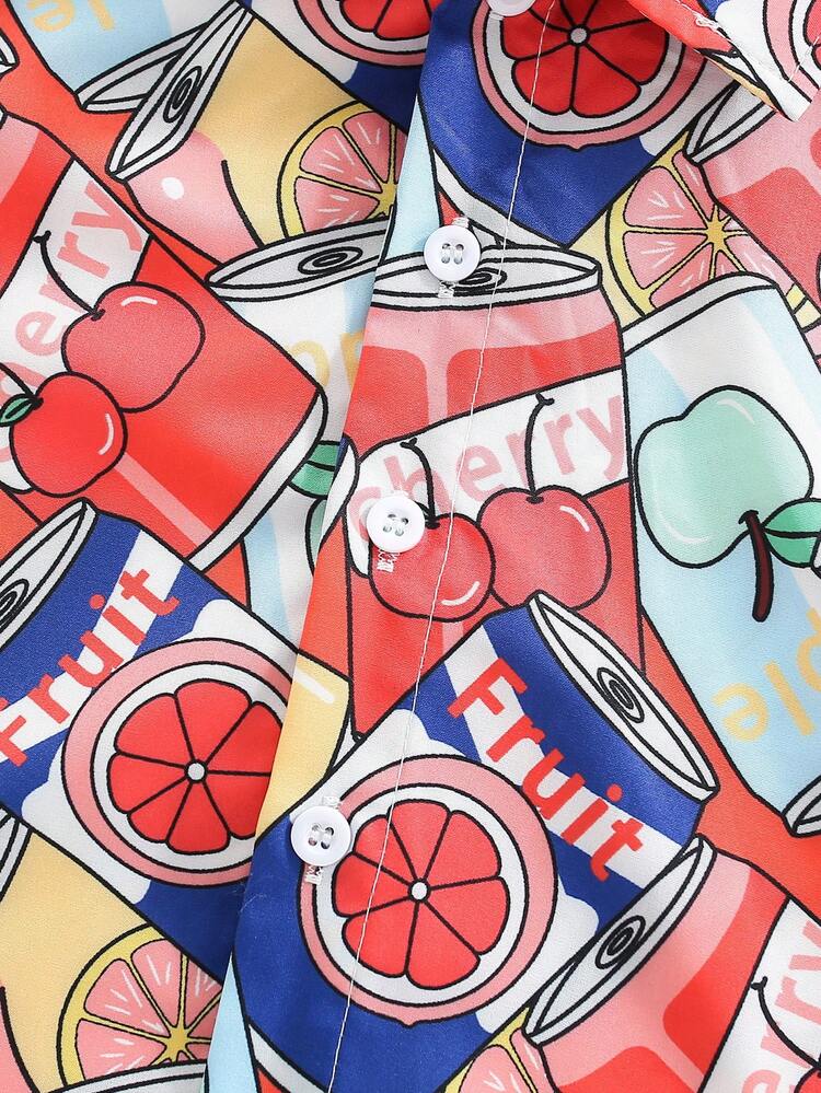 2pcs/Set Toddler Boys' Casual Cute Juice Can Printed Turn-Down Collar Short Sleeve Shirt And Shorts, Soft & Comfortable For Summer