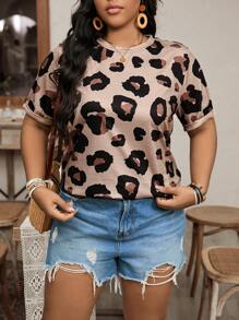 SHEIN LUNE T-shirt estiva casual a maniche corte con stampa leopardata per taglie forti - Multicolore - Visualizzare 1
