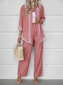 SHEIN LUNE Women Fashionable Casual Two Pieces Set With Printed Shirt And Trousers