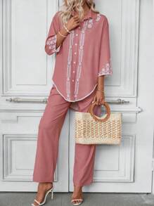 SHEIN LUNE Women Fashionable Casual Two Pieces Set With Printed Shirt And Trousers