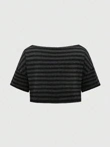 ROMWE Grunge Punk 大碼夏季時尚條紋寬鬆短袖T卹 - 深灰色 - 查看 2