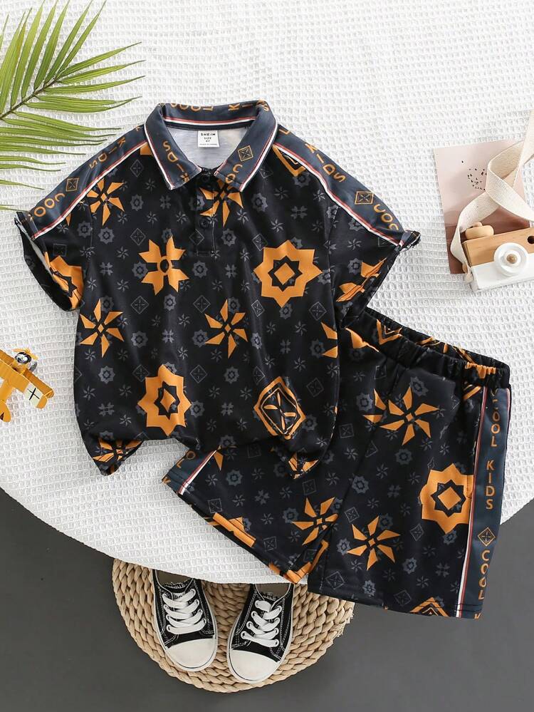 2pcs/Set Young Boys' Geometric Print Loose Short-Sleeve Polo Shirt And Shorts For Casual Streetwear, Spring & Summer