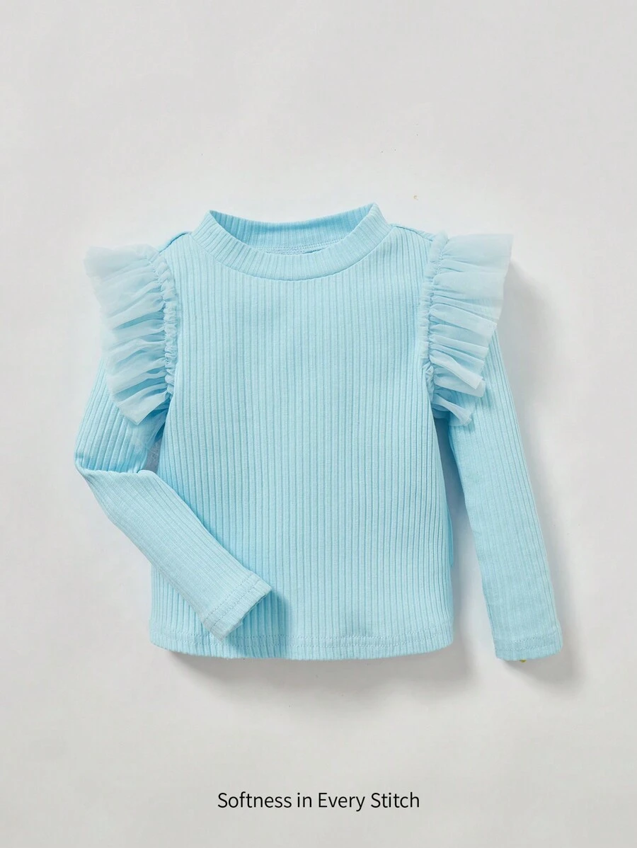 Cozy Pixies Baby Girl Mesh Ruffle Trim Ribbed Knit Tee - Baby Blue - View 1