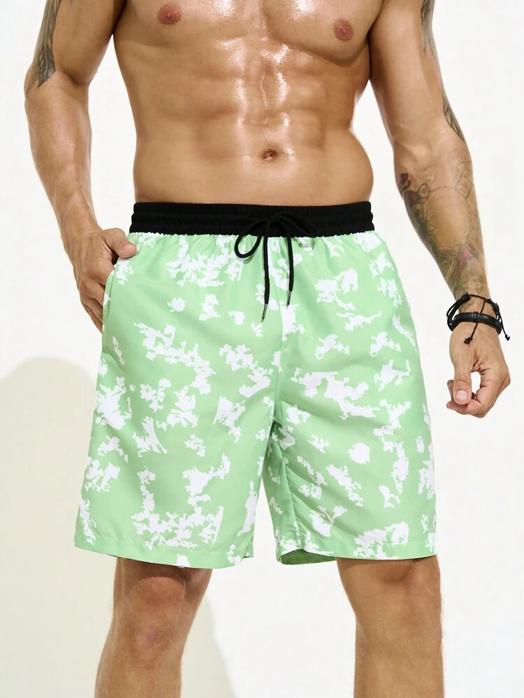 Men Beach Shorts With All-Over Print, Contrast Drawstring Waist