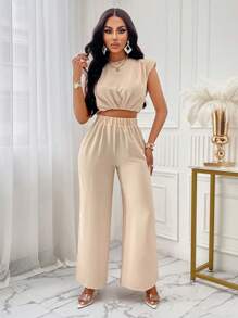 Women's Casual Solid Color Padded Shoulder Round Neck Cropped Top And Wide Leg Pants Set - Apricot - View 6