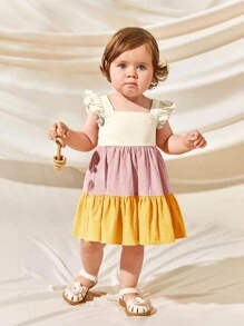 Cozy Pixies Kleid für Baby Mädchen mit Farbblock, quadratischem Kragen und Flatterärmeln - Verschiedenfarbig - Übersicht 4