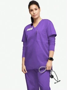 TaskEZ Scrubs 男女通用磨砂套装 女士 V 领短袖上衣和抽绳腰裤 磨砂套装 - 紫色 - 查看 3