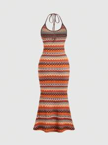 Sweetra Women Geometric Printed Fashion Dress With Fish-Tail Hemline, Halter Neck Tie For Summer