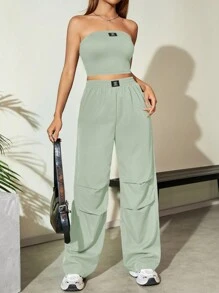 Conjunto de 2 piezas de top tubo y pantalones de pernera ancha de unicolor casual y de moda para mujer en verano - verde menta - Ver 4