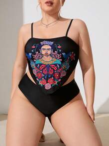 Frida Kahlo X SHEIN Plus Size Knitted Casual Figure And Floral Print Bikini Set, Summer - Black - View 4
