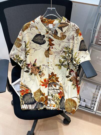 SHEIN Big & Tall Boys" Casual Plant Patterned Collared Short Sleeve Woven Loose Fit Shirt